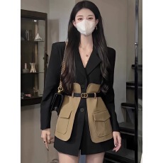 批发高级感撞色拼接西装外套裙女春秋英伦风收腰气质御姐炸街连衣裙