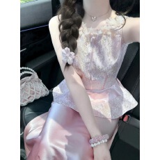 批发国风新中式套装温柔气质高级感粉色提花无袖背心缎面半身裙<b class='q'>两件</b>套