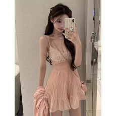 批发法式富家千金闪闪亮片<b class='q'>吊带</b><b class='q'>连衣裙</b>女夏名媛生日聚会礼服雪纺短裙子