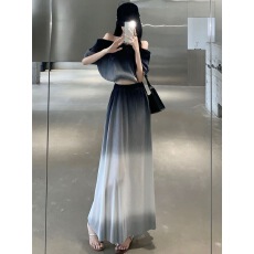 批发炸街套装裙女夏季性感一字肩渐变色短款上衣高腰<b class='q'>百褶</b>半身裙两件套