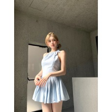 批发系带挂脖无袖连衣裙女夏季新款韩系甜辣气质收腰显瘦蓬蓬A字<b class='q'>短裙</b>