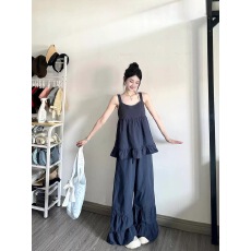 批发慵懒风宽松吊带背心花边上衣女<b class='q'>夏季</b>高腰压褶阔腿裤拖地长裤两件套