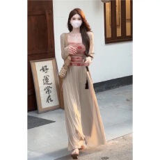 批发2026新款国风新中式松弛感穿搭套装法式杏色<b class='q'>半身</b>连衣裙子三件套女