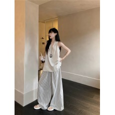 批发法式高级感气质V领背心上衣女装夏季宽松阔腿<b class='q'>休闲</b>裤条纹裤两件套