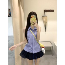 批发2026气质套装法式条纹系带无袖<b class='q'>衬衫</b>女夏季高腰百褶短裙两件套