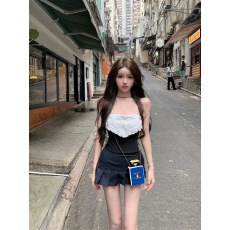 批发纯欲辣妹鱼骨塑形收腰显瘦抹胸上衣高腰<b class='q'>百褶</b>半身短裙子两件套装女