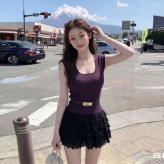 批发法式复古显白无袖U领针织背心上衣女<b class='q'>夏</b>高腰蕾丝花边蛋糕短裙套装