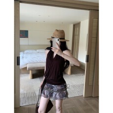 批发咖色挂脖系带T恤上衣女<b class='q'>夏</b>季美式复古风套装豹纹雪纺半身裙两件套