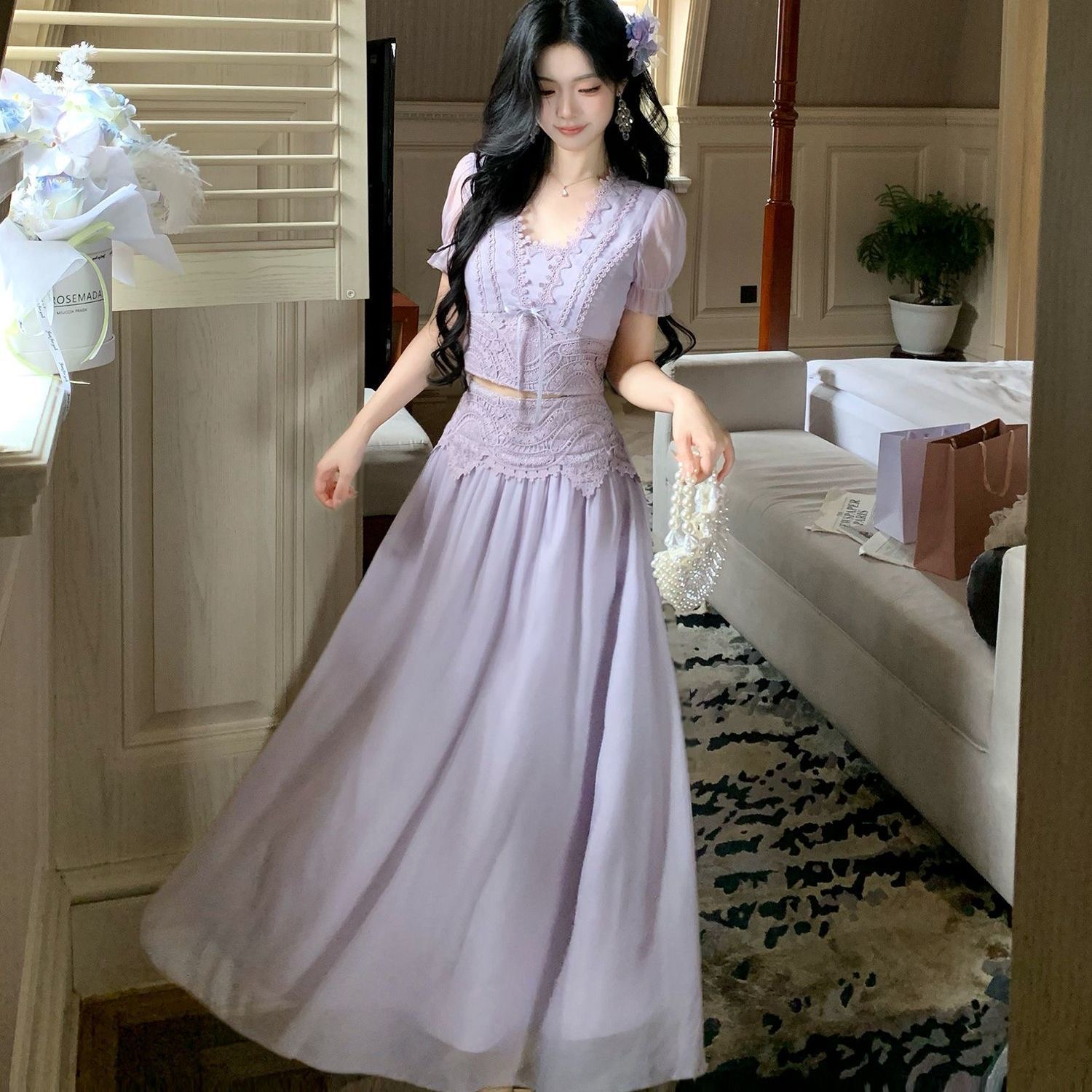 RY6545#气质温柔显白挂脖钉珠高腰荷叶边仙女连衣裙2026春夏女