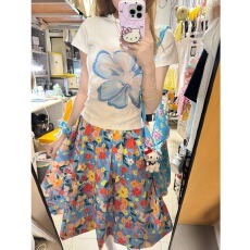 批发夏季洋气穿搭碎花半身裙套装<b class='q'>女</b>正肩短袖印花蓬蓬花苞半身裙两件套