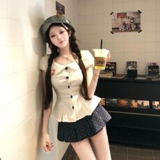 批发<b class='q'>套装</b>女2026夏季新款韩系减龄收腰娃娃领短袖上衣高腰显瘦波点短裙