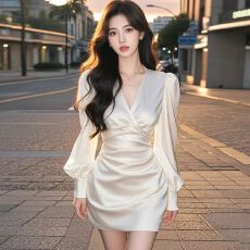 批发小众奢感V领缎面褶皱<b class='q'>长袖</b>连衣裙女2026新款聚会名媛收腰显瘦礼服