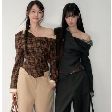 批发原创假两件深色系收腰拼接斜肩<b class='q'>西装</b>上衣百搭韩系衬衫上衣