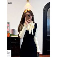 批发秦小Q甜美风蝴蝶结假两件长袖连衣裙女<b class='q'>春</b>季新款赫本风收腰A字长裙