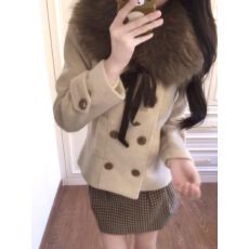 批发日系古早感毛领蝴蝶结双排扣毛呢外套女秋冬格子包臀短裙子两件套