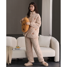 批发冬季三层夹棉珊瑚绒加厚睡衣2025新款立领套保暖家居服可外穿