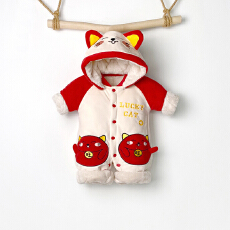 批发婴儿连体衣冬季男女宝宝喜庆加厚棉服新生儿满月百天连体衣拜年服