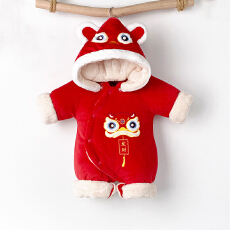 批发婴儿连体衣冬季男女宝宝喜庆加厚棉服新生儿满月百天连体衣拜年服