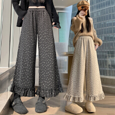 批发实拍已出货大码冬季松紧高腰碎花阔腿<b class='q'>休闲</b>裤宽松百搭花边加绒<b class='q'>长裤</b>