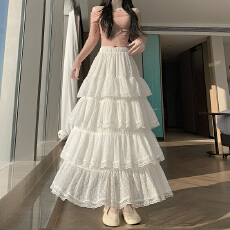 批发实拍<b class='q'>大码</b>胖MM提花拼接蕾丝蛋糕裙早春宽松荷叶边高腰百搭A字长裙