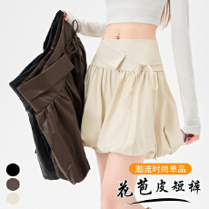 批发实拍 设计感咖色PU皮裙裤女春秋新款高腰显瘦系带花苞短裤潮