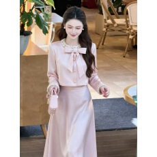 批发法式粉色<b class='q'>半身</b>裙女2026秋季新款绝美中长款套装短款外套+<b class='q'>半身</b>裙