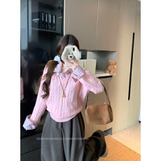 批发实拍大码<b class='q'>女装</b>秋冬新款韩系麻花重工假两件格子衬衫拼接粉色毛衣