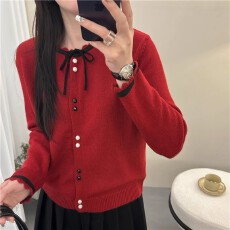 实拍秋冬女装 锯齿圆领针织开衫千绒纱