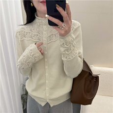 批发半高领纯色<b class='q'>镂空</b>针织开<b class='q'>衫</b>[1058]