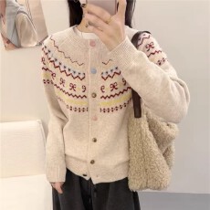 实拍秋冬女装 圆领针织提花插肩袖开衫百花绒