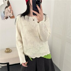 批发特实拍秋季女装 圆领针织提花长袖套头<b class='q'>欧根纱</b>
