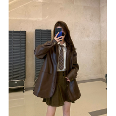批发2025年春秋新款韩系时尚咖色宽松显瘦小香风pu皮衣外套女棕色爆款