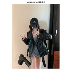 批发只吃鱼的喵喵喵 美式复古黑色机车秋季设计感甜酷风宽松皮衣外套