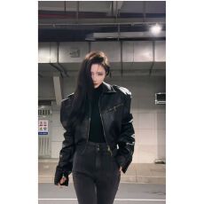 批发春秋新款美式复古黑色短款<b class='q'>机车</b><b class='q'>皮衣</b>外套女小个子修身显瘦长袖夹克