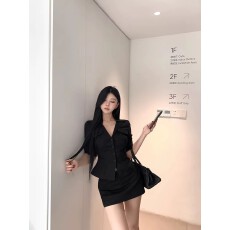 批发酷辣风黑色收腰五分袖衬衫包臀裙<b class='q'>套装</b>女高级感<b class='q'>职业</b>气质修身两件套
