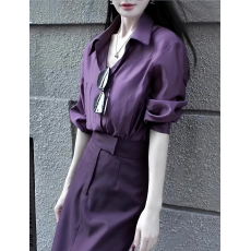 批发夏季搭配一整套干练气质<b class='q'>职业</b><b class='q'>女</b>装紫色衬衫半身裙纯欲轻熟两件<b class='q'>套装</b>