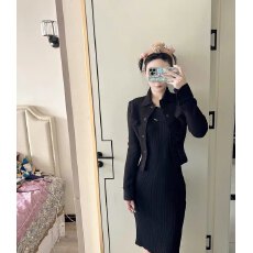 批发*立体剪裁*自动收腰纯黑黑色密织单排扣口袋开衫外套