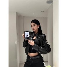 批发美式复古经典黑色酷帅女夹克秋季袖口拉链式立领修身机车皮衣外套