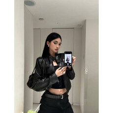 批发milui美式复古经典黑色酷女孩袖口拉链式立领修身机车皮衣女外套