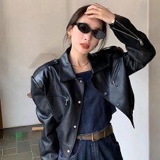 批发简约时尚pu皮衣外套女秋季新款美式复古百搭洋气机车皮夹克上衣潮