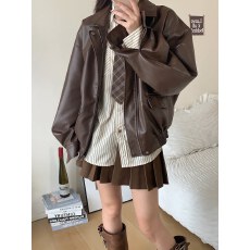 批发【星球】新款春秋美拉德流行薄款外套<b class='q'>男</b>女棕色夹克美式小个子<b class='q'>皮衣</b>