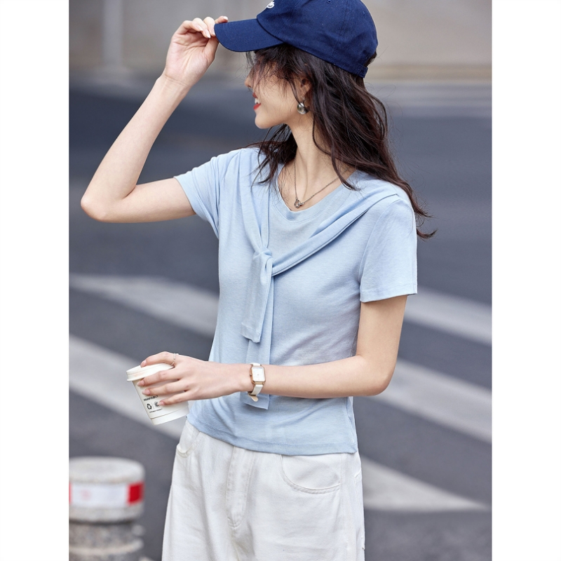 FA33766# 韩系假两件披肩设计感小个子修身显瘦绑带上衣短袖圆领T恤女 服裝批發女裝批發服飾貨源