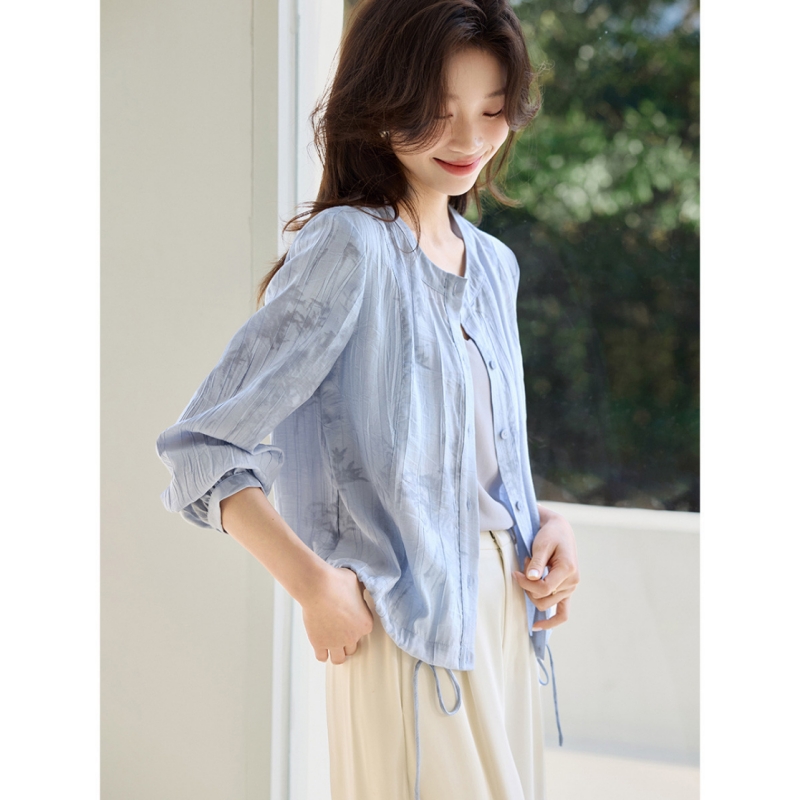 FA33764# 休闲提花轻薄衬衫抽绳外套春夏新款时尚休闲长袖外套 服裝批發女裝批發服飾貨源