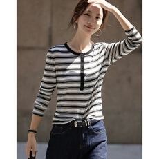 批发德玛<b class='q'>纳</b>长袖条纹T恤女25早秋新款韩系穿搭圆领莱赛尔复古慵懒上衣