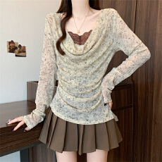 批发实拍<b class='q'>大码</b>胖MM假两件蕾丝拼接晕染印花上衣2025新款显瘦气质内搭