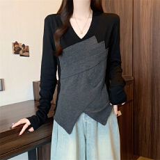 批发实拍~ 大码胖MM秋冬新款法式V领撞色拼接不对称套头正肩长袖上衣