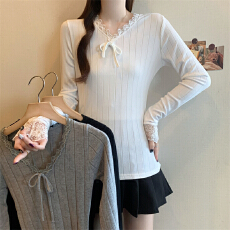 批发实拍法式胖MM秋女新款法式波浪边蕾丝拼接设计正肩针织长袖