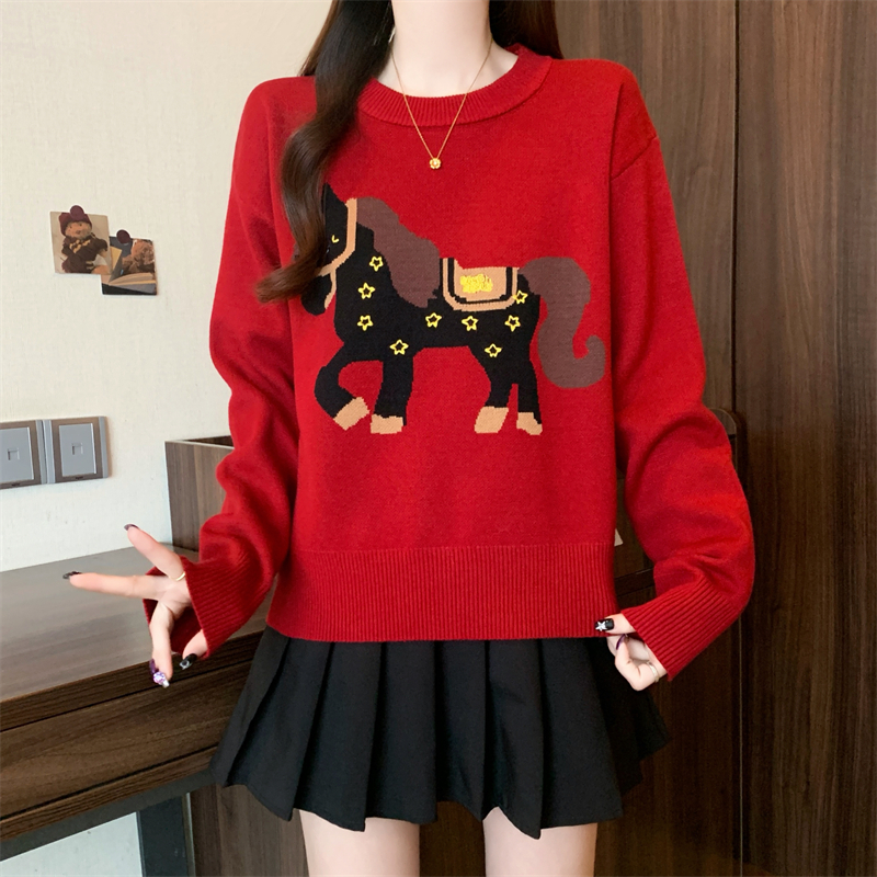 MY16155#本命年红小马提花毛衣圣诞节韩系慵懒风好看显瘦上衣女裝貨源服...