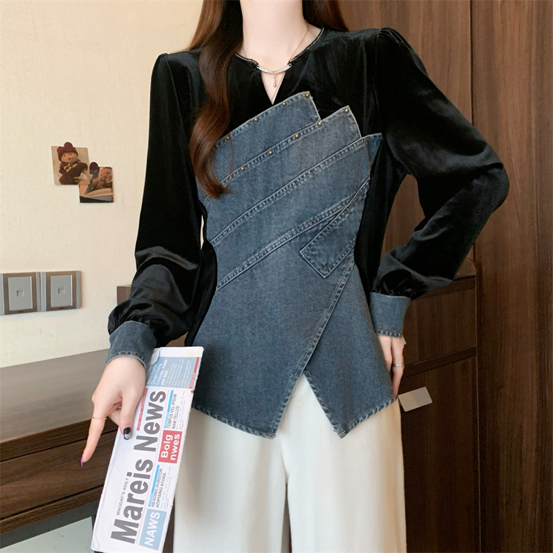 MY16154#胖大码女装时尚设计感不规则牛仔拼接上衣百搭女裝貨源服裝批發