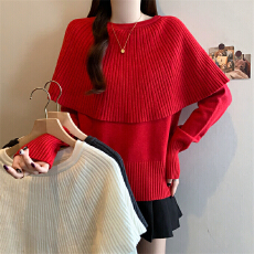 批发实拍大码女装秋<b class='q'>冬</b>新款韩系甜美风假两件套斗篷毛衣羊毛针织衫上衣